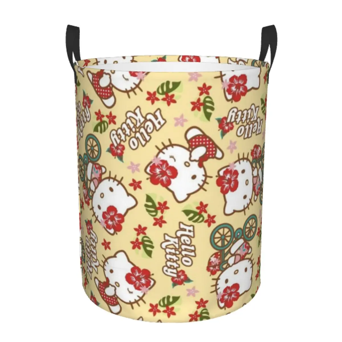 Breathable Round Laundry Hamper Hello Kitty Single-Layer Dirty Clothes Basket with Easy-Care Fabric for Home Organization