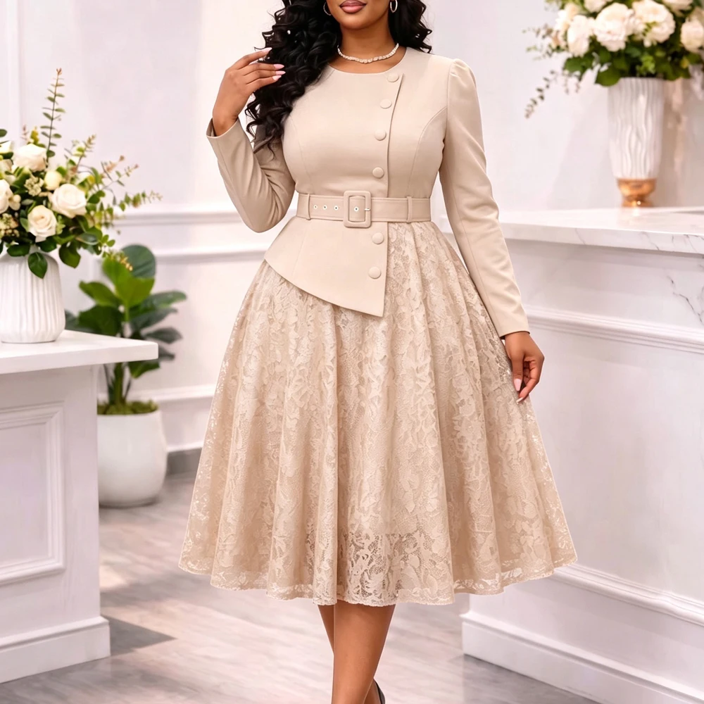 JENYAGE Damen Einfarbiges, schlichtes, langes Kleid mit Rundhalsausschnitt, Gürtel, Peplum-Spitzenrock, A-Linie, formelles Kleid für Hochzeitsgäste und Partys – Detail 5