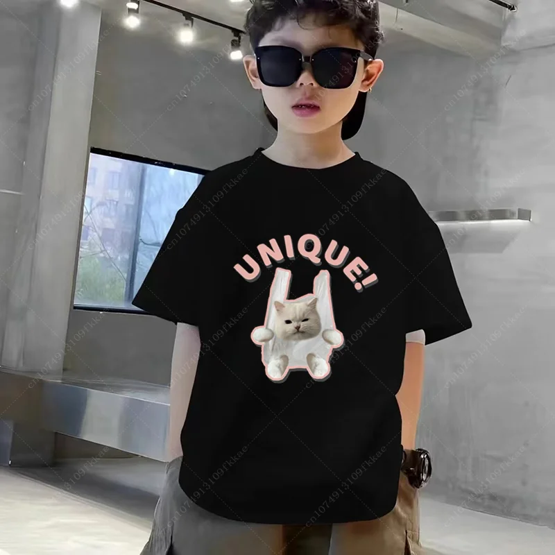 Funny Kawaii Cat Dog Graphic Print Boys Girls White Black Cotton T-shirt Children's Summer Harajuku Kawaii Baby Y2K Clothes Tops