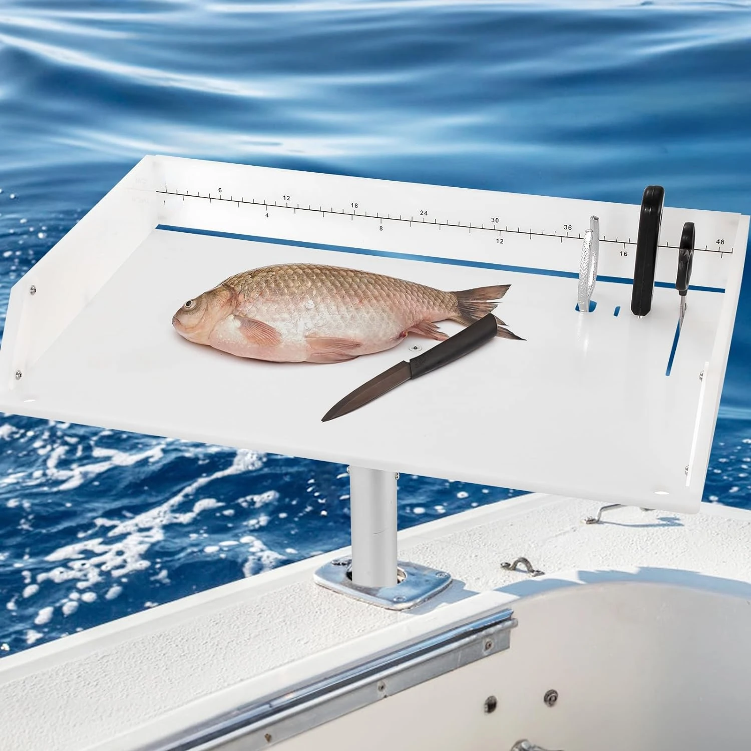 

Boat Cutting Board Bait Table White Boat Bait Cutting Board With Plier and Slot,Bait Table for Boat with Rod Holder Mount Fish