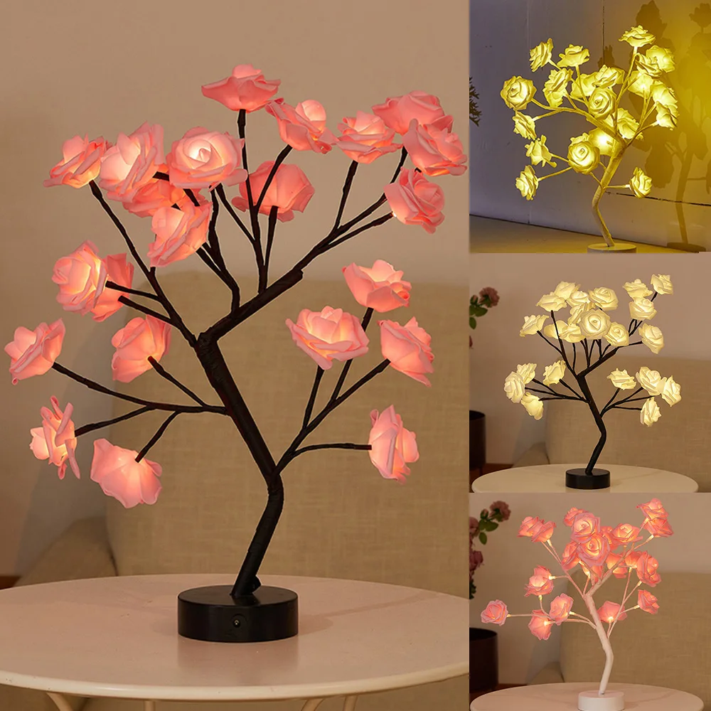 LED Tabletop Artificial Flower Bonsai Tree Lights Color Changing Flower Rose Lamp Christmas Birthday Gift Party Wedding Decor