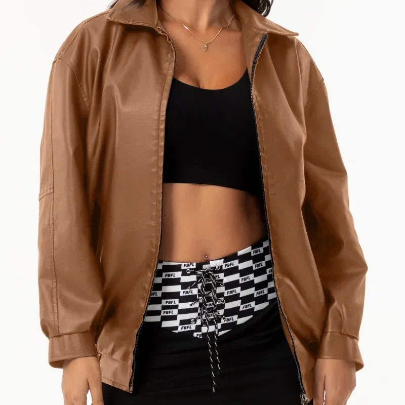 Chaqueta Bomber para mujer, novedad de primavera y otoño de 2025, chaqueta de cuero para mujer, chaqueta de gran tamaño para mujer, abrigos informales con solapa de manga larga