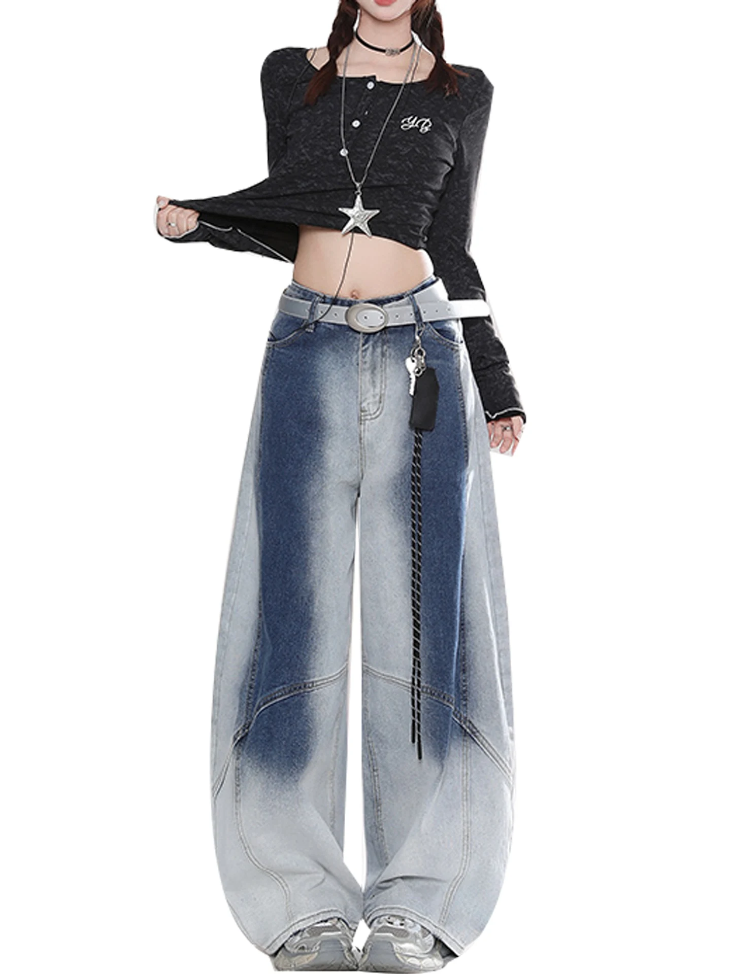 Allez adient américain Sle Vintage Denim jean femme ample jambe large pantalons longs taille haute décontracté bleu jean