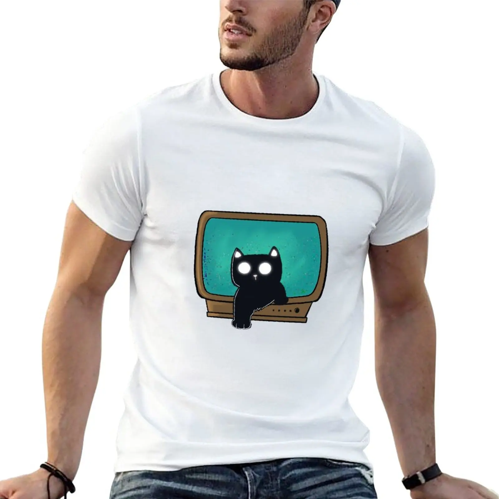 T-shirt blanc avec anneau chat pour homme, sweat-shirt à la mode, nouveauté