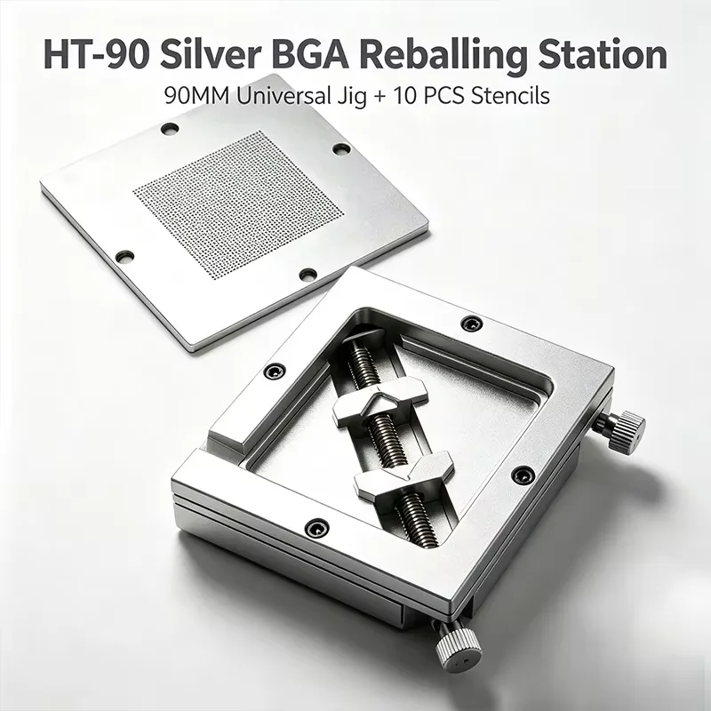 Silver BGA Reballing Station HT‑90 Universal 90MM Jig with 10 PCS Universal Stencils for IC Chip Rework Repair