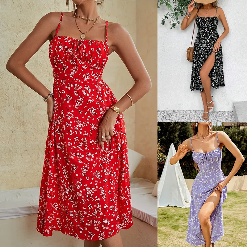 Abiti Eleganti da Donna 2026 per Vacanze al Mare Estivi Sexy Senza Spalline con Stampa Floreale e Spacco - Abiti Lunghi Vestidos De Fiesta