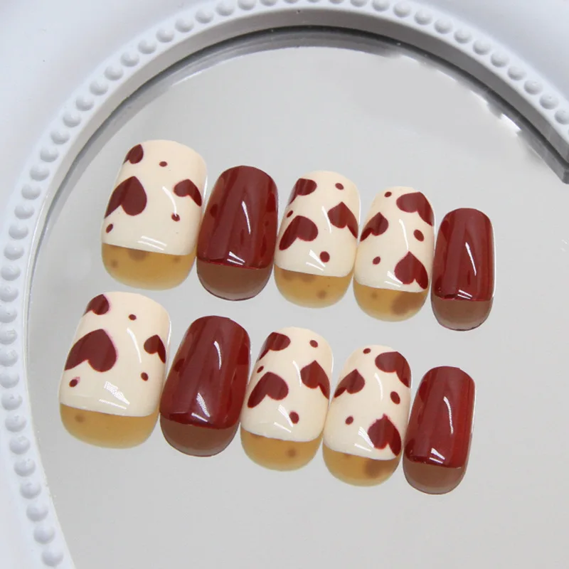 

30Pcs Short Coffin Press on Nails - Classic Red with Heart & Polka Dot Print | Versatile Style (Multi-Size Fit)