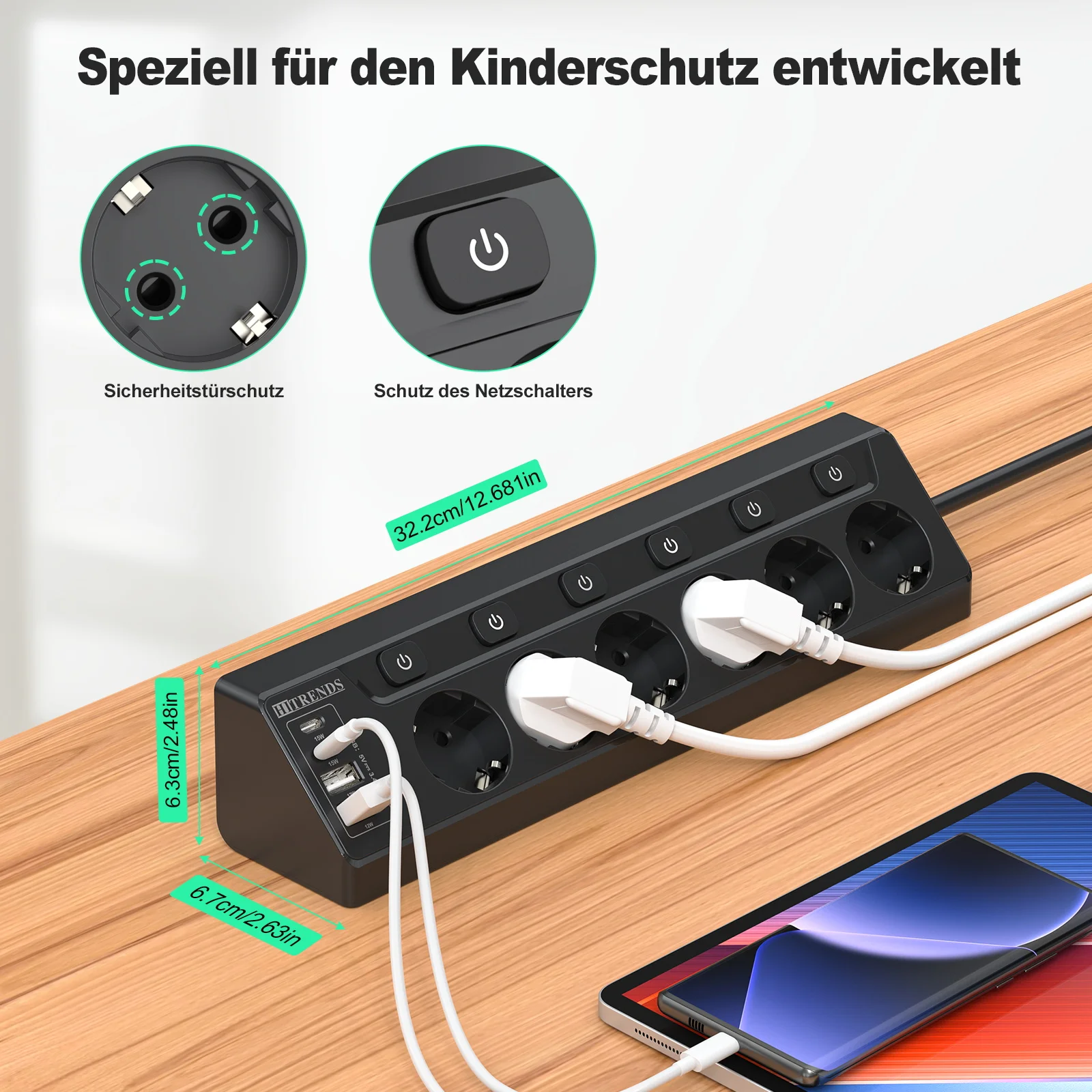 شريط طاقة بمقبس متعدد أوروبي 6 طرق مع 2 USB 2 Type C، مقبس زاوية متعدد الوظائف مع كابل 2 متر للطاولة المنزلية