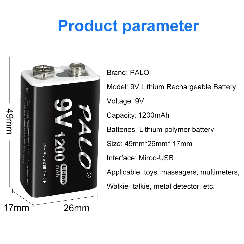 PALO 1200mAh 9V akumulator 6F22 9V USB ładowanie akumulatory litowo-jonowe do wykrywacza metali Model mikrofon zabawka — zdjęcie 5