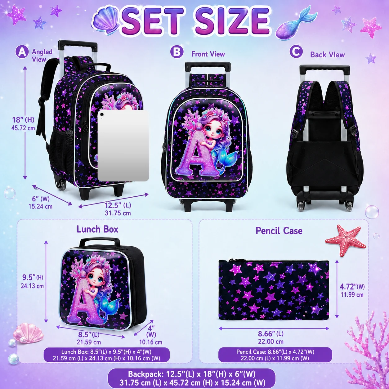 3pcs Girls Rolling Backpack Set, Mermaid Letter A Trolley School Bag with Handbag and Pen Pouch for Kids