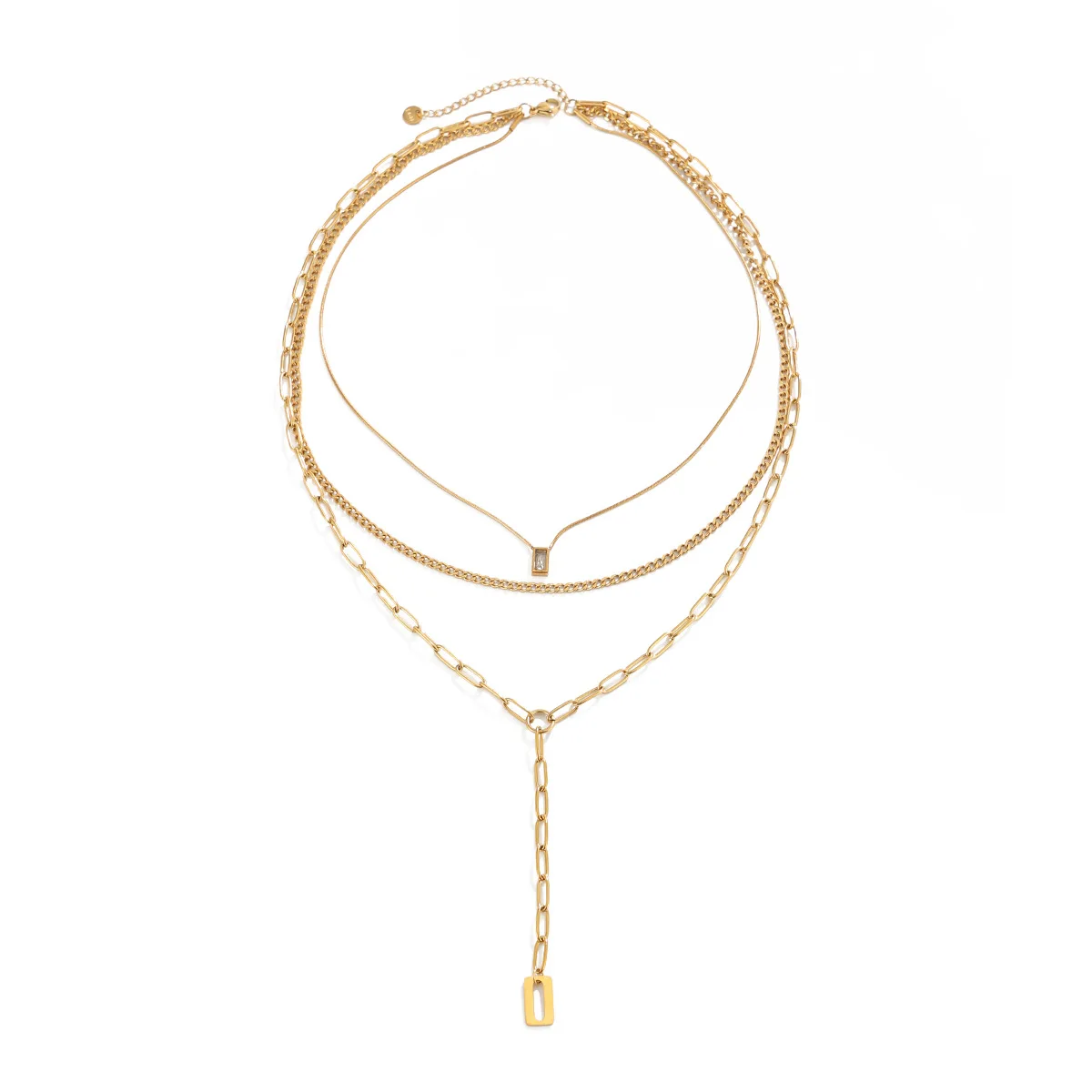 18K Gold Plated Stainless Steel Layered Necklace Square CZ Pendant Snake Chain Paperclip Y Lariat Necklaces Jewelry Women