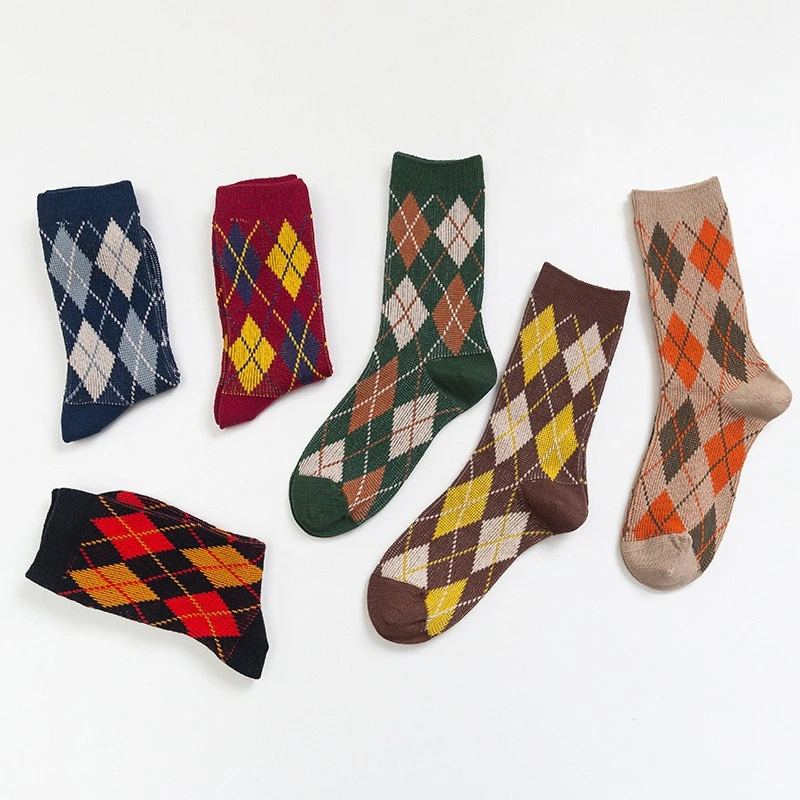 

6 Pairs/Set Women's Middle Tube Argyle Socks Harajuku Korean Style Students Retro Cotton Socks Woman Winter Spring Crew Sock