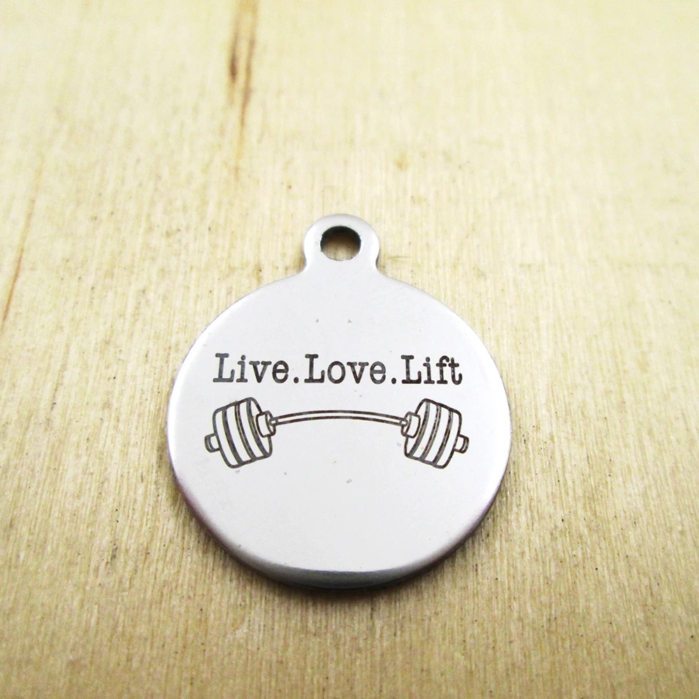 20pcs-live love lift barbell stainless steel charms Laser Engraved Customized DIY Charms Pendants