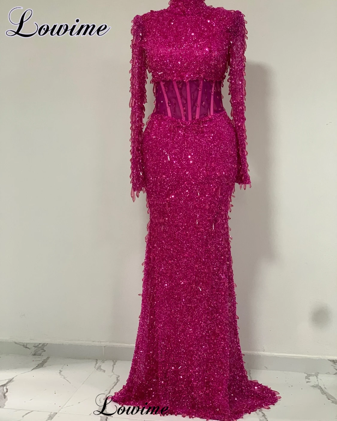 Vestidos De celebridades musulmanas fucsia con cristales, mangas largas, Vestidos formales para ocasiones, Vestidos De sirena, Vestidos De noche De Gala