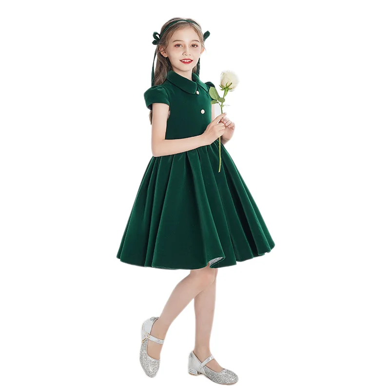 Summer Girls Velvet Green Long Skirt Kids Catwalk Birthday Party Dress Christmas Easter Piano Prom Show Host Evening Dress