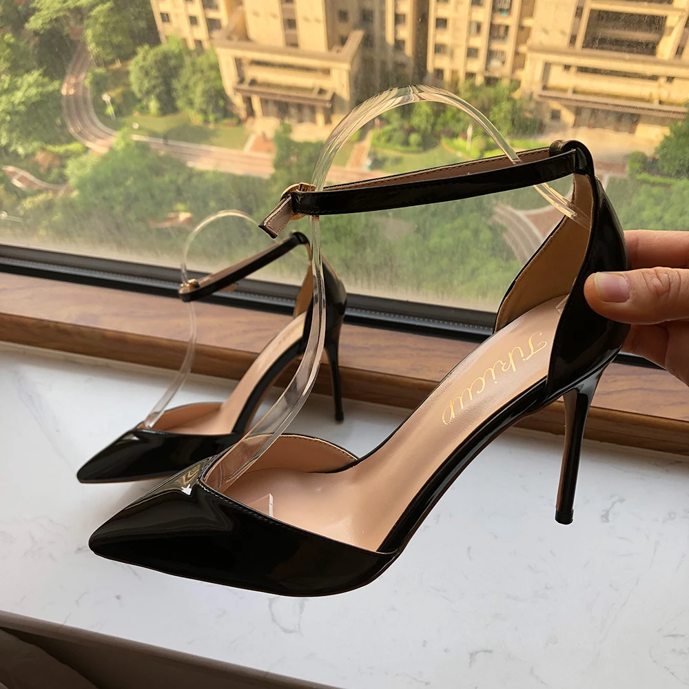 Tikicup Triangle Cut Pointy Toe Women Black Patent  Ankle Strap High Heel Shoes Elegant Designer Summer Stiletto Pumps Customize