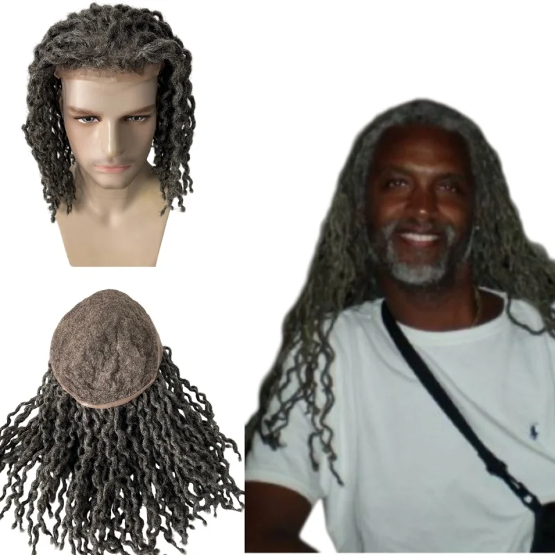 Malaysian Virgin Human Hair Hairpiece #1B65 Grey Color Dreadlocks Full Lace Toupee for Old Black Men