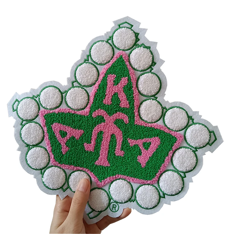 Large Chenille Pink AKA Sorority Pearl Ivy Shield Embroidered Greek Letters Applique Iron On Patch for Jacket Hoodies