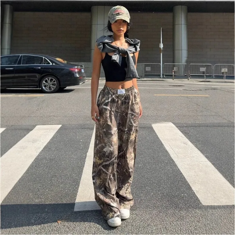 2025 الربيع والخريف الساخن فتاة المرأة الجديدة عالية الخصر بنطال ذو قصة أرجل واسعة فضفاضة ونحيفة الطابق طول سراويل تقليدية