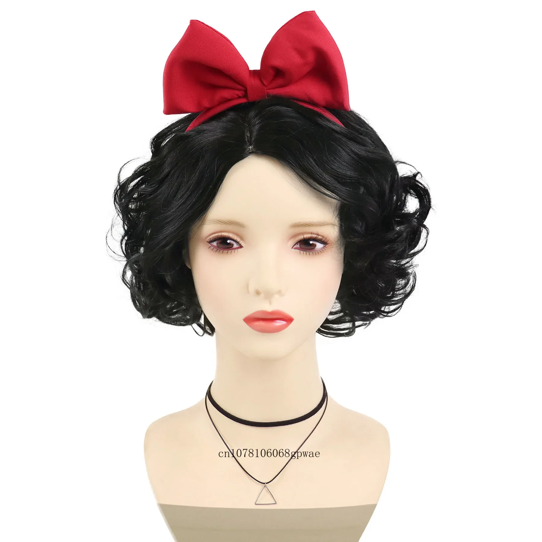 Wig sintetis keriting hitam pendek untuk wanita Wig Cosplay Bob dengan kostum pita merah Anime pesta Halloween tahan panas