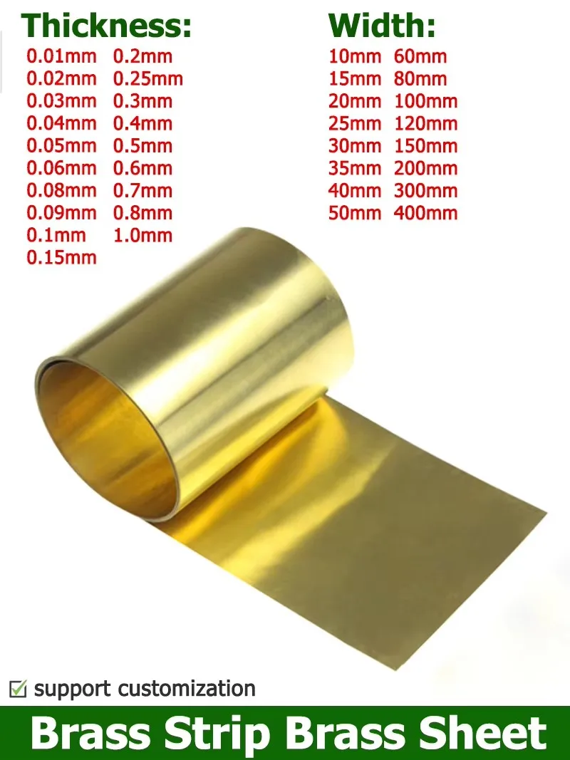 Feuille de bande en laiton de 1 mètre, épaisseur 0.01-1mm, bobine d'acier, largeur de plaque d'acier 10-400mm 0.02/0.05/ 0.1/0.15/0.2/0.25/0.3/0.4/0.5mm