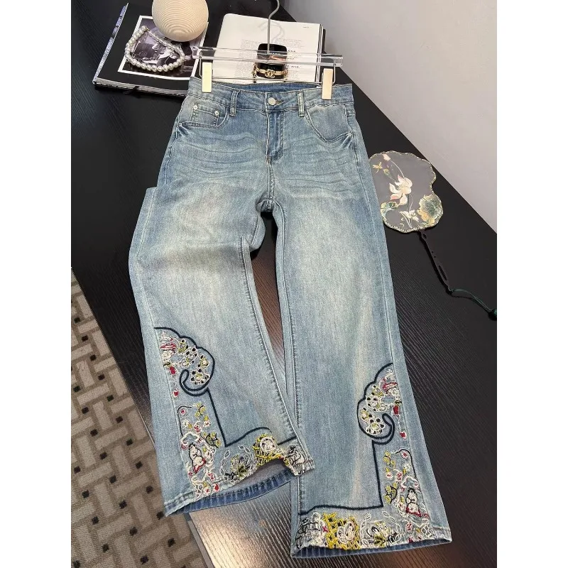 Chinese-style Embroidered Flared Jeans for Women in Summer, Thin and Plus-size, Loose and Slimming Straight-leg Wide-leg Pants