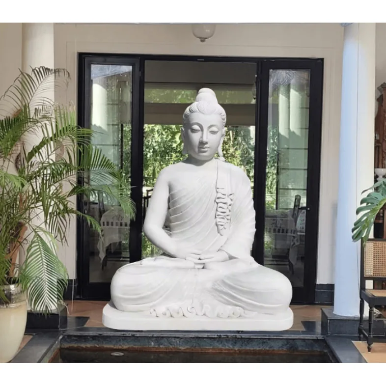Home Garden Indoor Or Outdoor Natural White Marble Statue Buddha Traditional Design Meditating