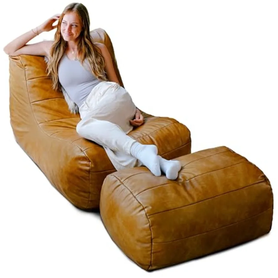 Bean Bag Lounger and Ottoman Bundle for Adults and Teens Living Room and Bedroom Gaming Chair Set Copper Harbor Vegan Le