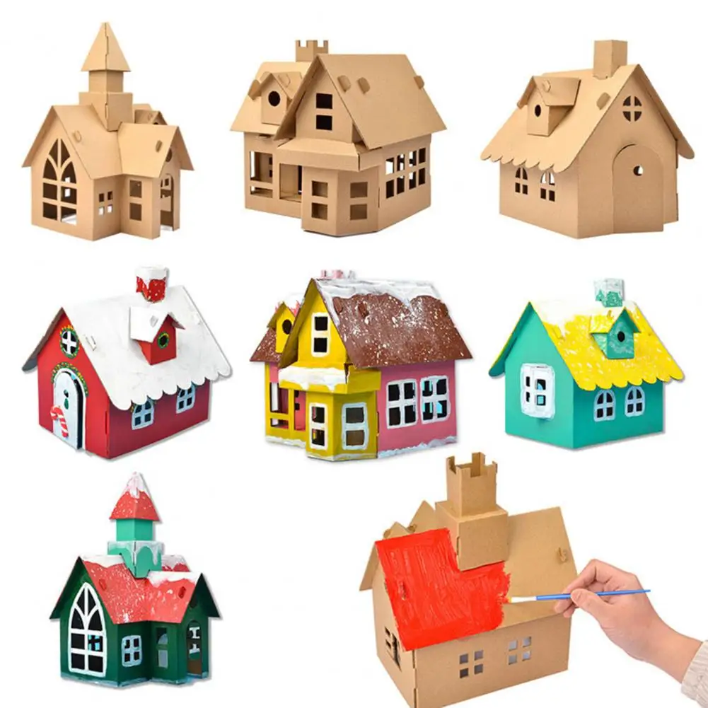 1 Set Christmas Paper House DIY Painting Handmade Paper Creative House Shape Party Birthday Decoration Kids Gift