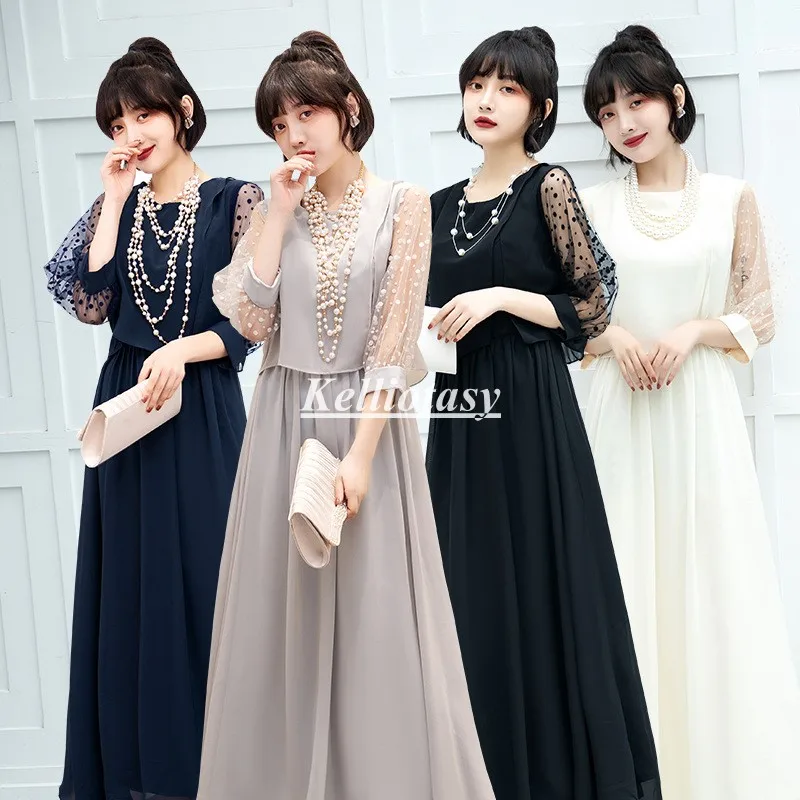 Navy Blue Bridesmaid Dresses Summer Chiffon Party Women Dress With Half Sleeves Long Evening Dress