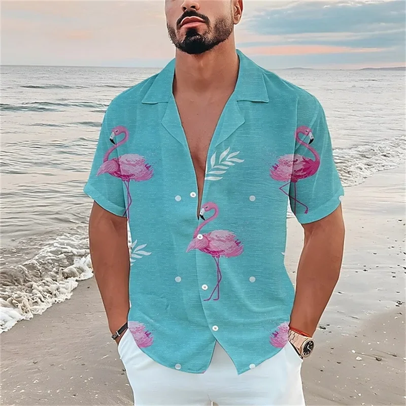 2023 kemeja Pria pohon kelapa 3D Flamingo cetak kemeja Hawaii breasted tunggal pantai lengan pendek atasan pakaian liburan mode