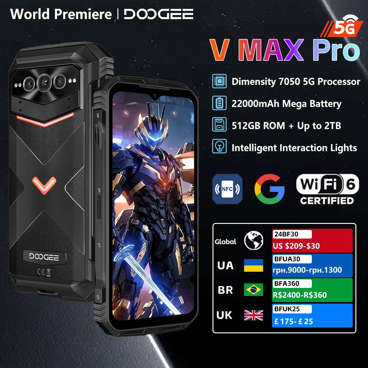 [World Premiere] DOOGEE V MAX PRO 5G Rugged Smartphone Dimensity 7050 12GB+512GB 6.58