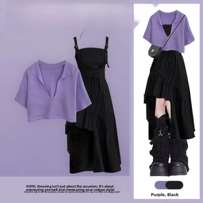 

Summer New Design Knitted Top V-Neck Short Sleeve Pleated Skirt Set Irregular Design Fashionable Women's Two-Piece Ensemble