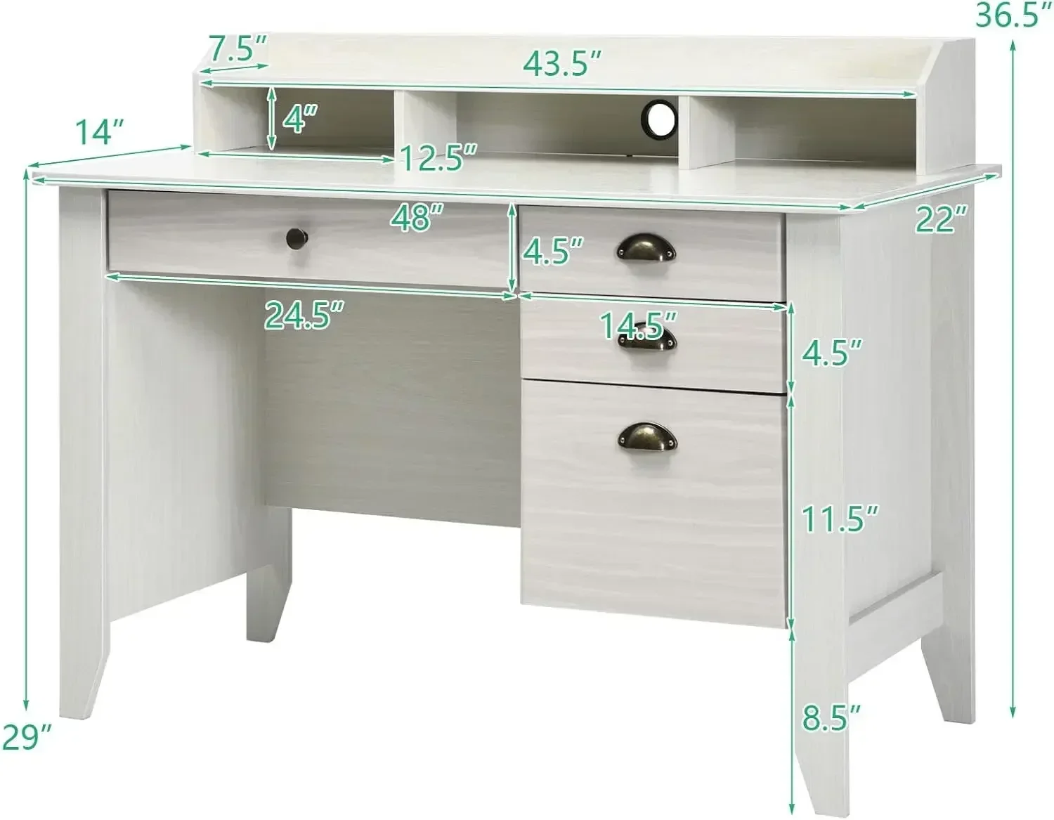 XMSJ. مكتب أبيض مع 4 أدراج تخزين وخزانة، مكتب كمبيوتر منزلي عتيق مع أرفف تخزين (أبيض) #3