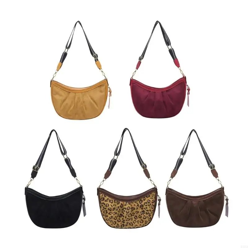

652F Pleated Crossbody Bag for Women PU Leather Spacious Satchel Purses Retro Half Moon Shoulder Purse with Adjustable Strap