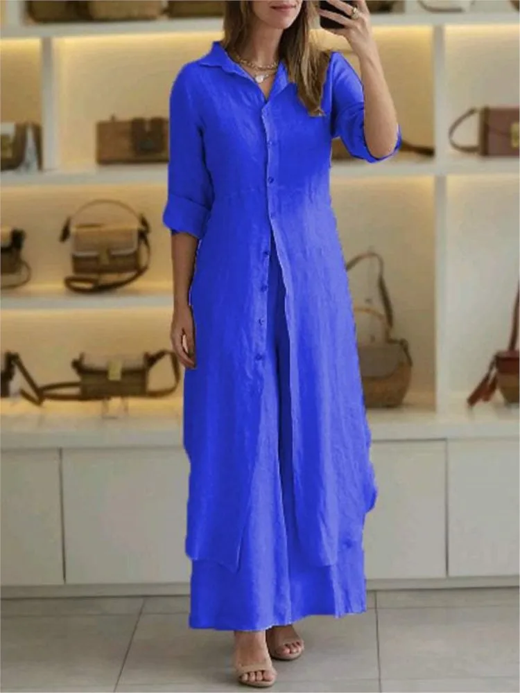 2024 New Product Women\'s Summer And Autumn Urban Elegant Cotton Hemp Slimming Waist Long Shirt Wide Leg Pants Two Piece Set