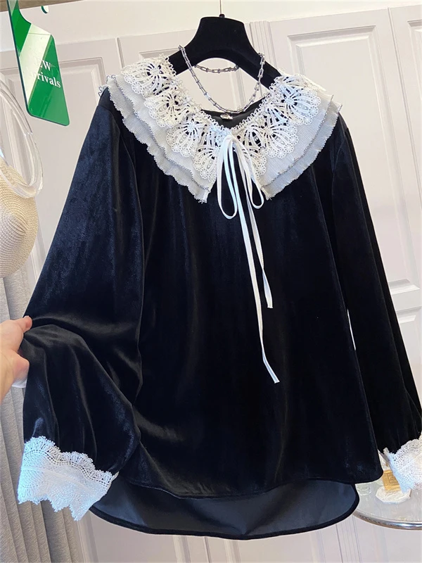 

Брендовая женская кружевная блузка с воротником и длинными рукавами больших размеров, универсальный дизайн, повседневный шик, модная женская одежда