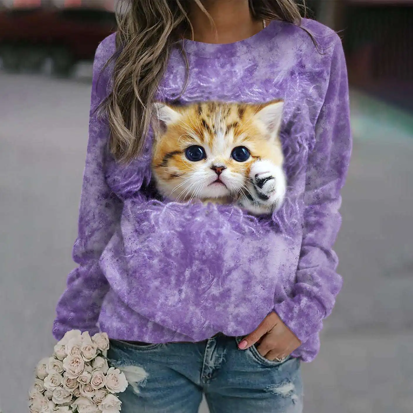 Cute Cat Sweatshirts Animal 3D Print Hoodie Women Fashion O-Neck Hoodies Streetwear Oversized Harajuku Pullover Woman Clothing