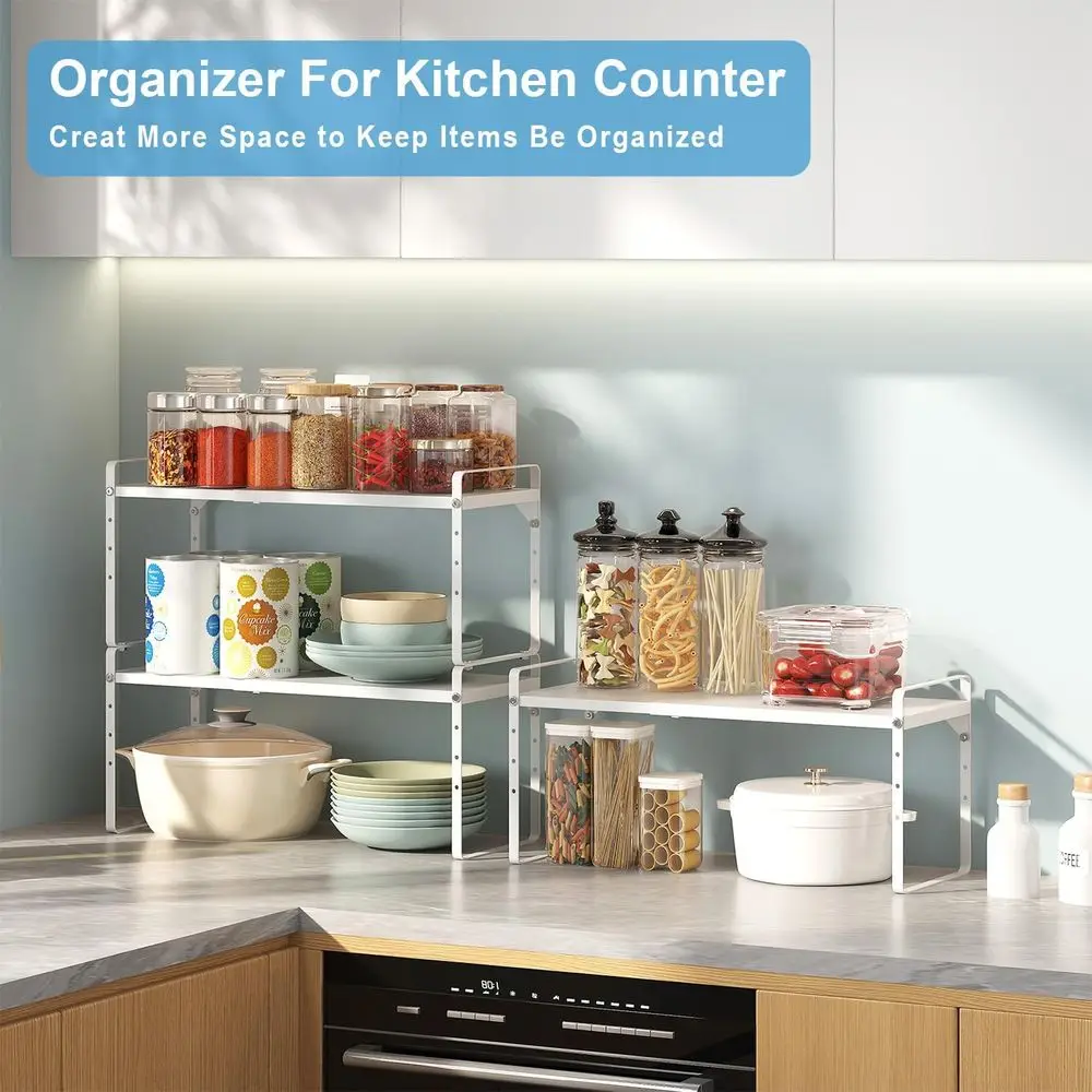 Expandable Kitchen Shelf Organizer, 2-Pack, 15.5-25.5 Adjustable, 30 lbs Capacity, Stackable Storage Racks