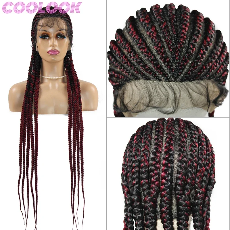 Long Knotless Braid Lace Front Wigs 36 Inch Ombre BUG Synthetic Braided Lace Frontal Wigs for Women 360 Full Lace Box Braids Wig