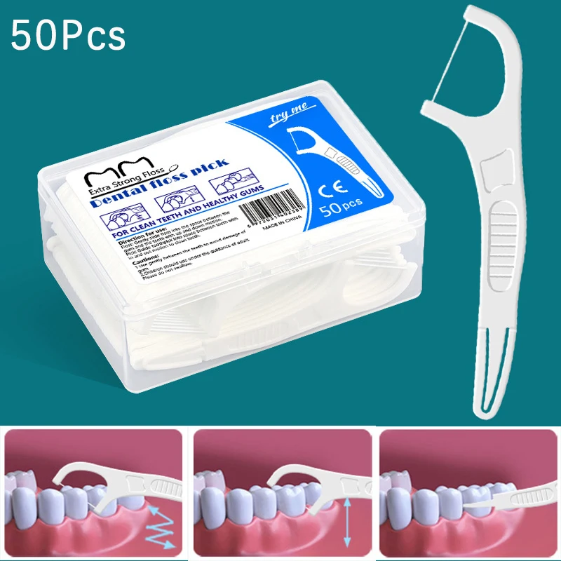 Hilo Dental plegable de doble cabeza, palo de hilo Dental ultrafino blanco, herramientas para el cuidado de la higiene bucal, 50 unids/lote por caja