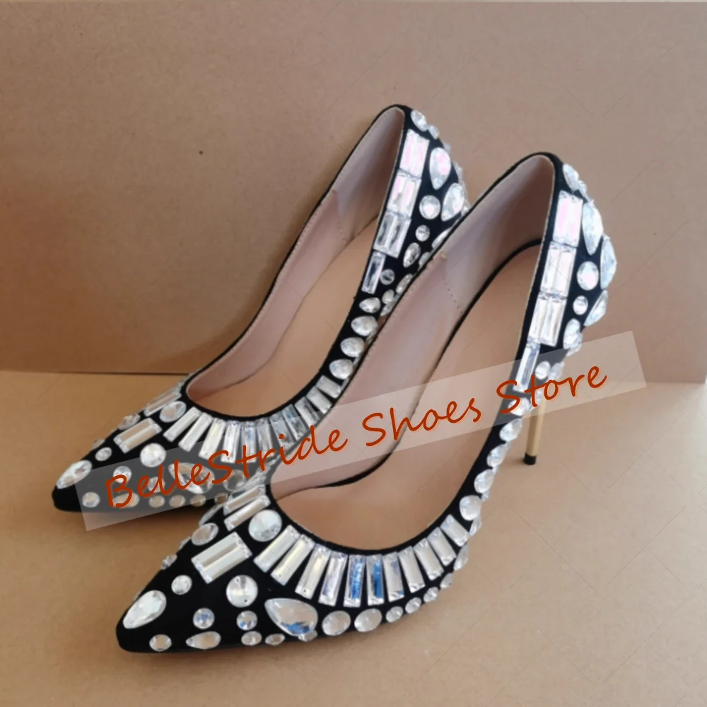 حذاء نسائي أسود بمقدمة مدببة كريستالي ضحلة حذاء نسائي أنيق بكعب عالي للحفلات والولائم والمواعدة 2025 Zapatos Para Mujere