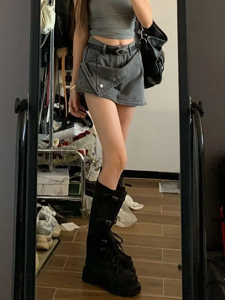 

American High Street Irregular Design Denim Skirt Pants for Women Summer New Hot Girl Slimming Half-body Hip-covering Skirt