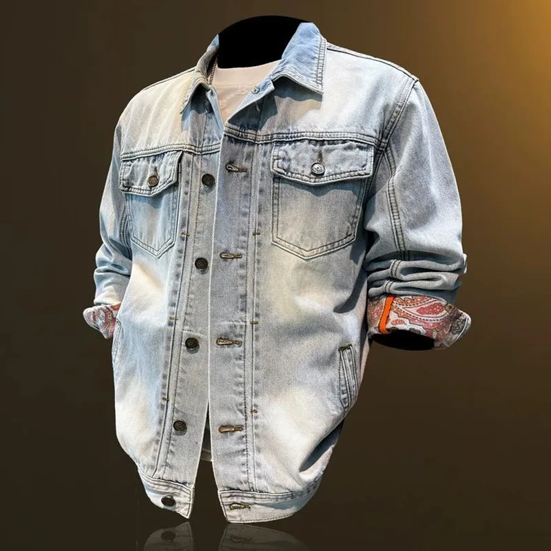 

Осенне-весенняя новая модная однотонная джинсовая куртка в американском винтажном стиле, мужская повседневная свободная спортивная куртка высокого качества, верхняя одежда M-4XL