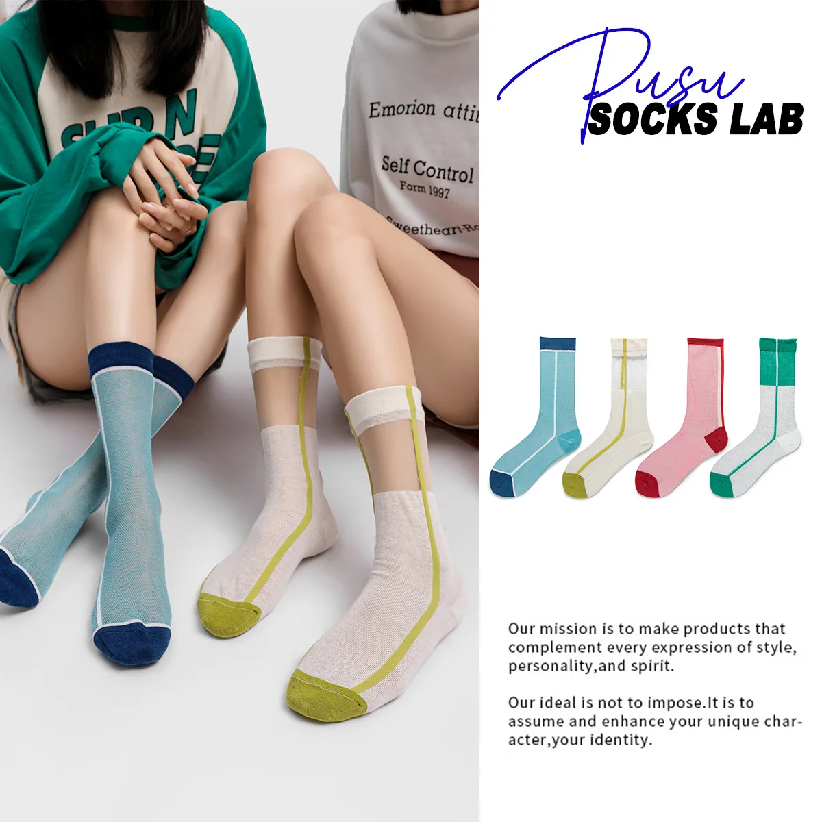 Summer Cool and Breathable Thin Glass Fiber Colored Mid tube Socks Simple Contrast Color Card Silk Small Vertical Striped Women'