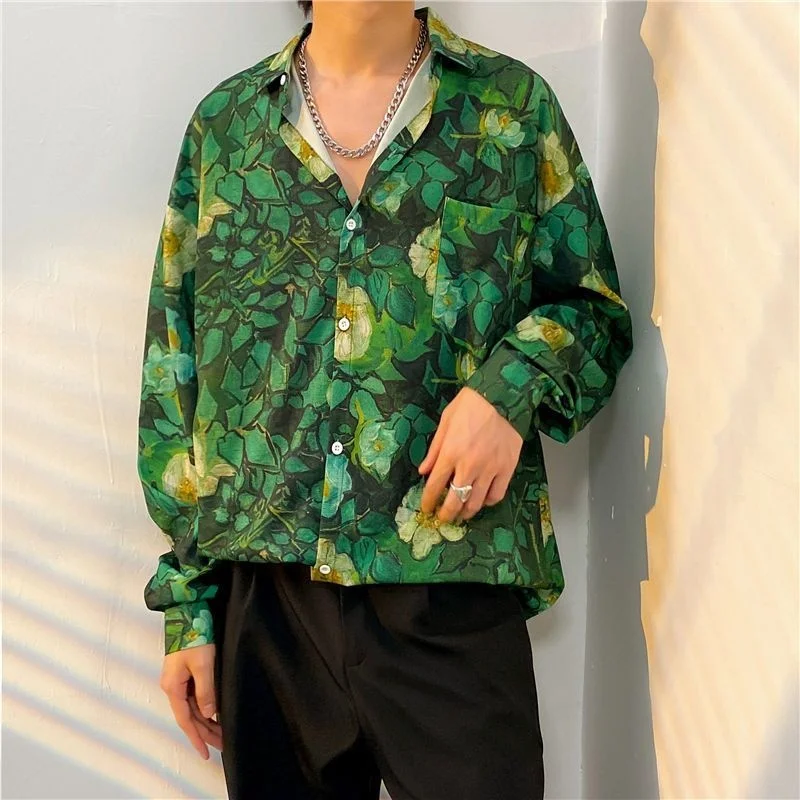 Vintage Hawaiian Shirt Y2K Summer Flower Print Long Sleeve Button Beach Shirts Man Streetwear 2023 Men Fashion Casual Blouse Top