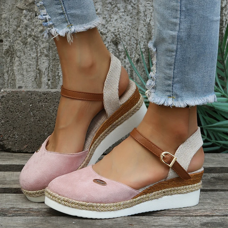 Cross-border foreign trade plus size color matching Baotou back empty sandals with light hemp rope buckle women\'s shoes platform