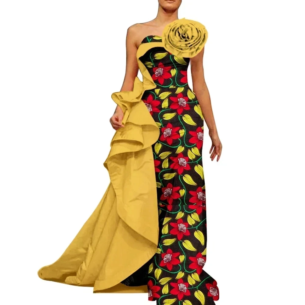 Elegant African Women\'s Dresses Off Shoulder Robe Long Ankara Print Dashiki Dress African Party Clothing WY5849