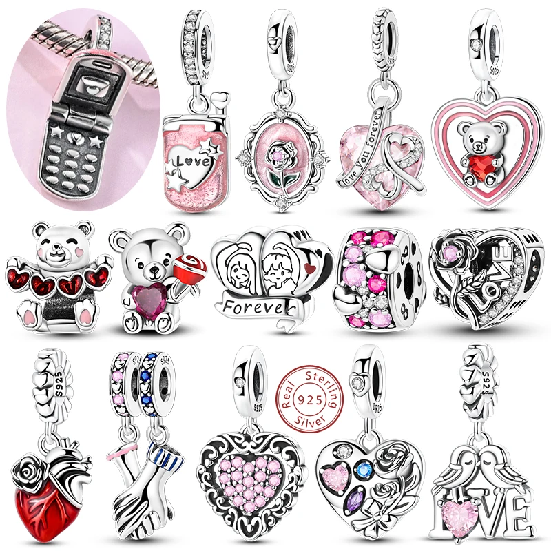 Original Valentine's Day Charms Bead Pendent 925 Silver Heart Love Rose Bear Charms Fit Bracelet Bangle Woman DIY Jewelry Gift