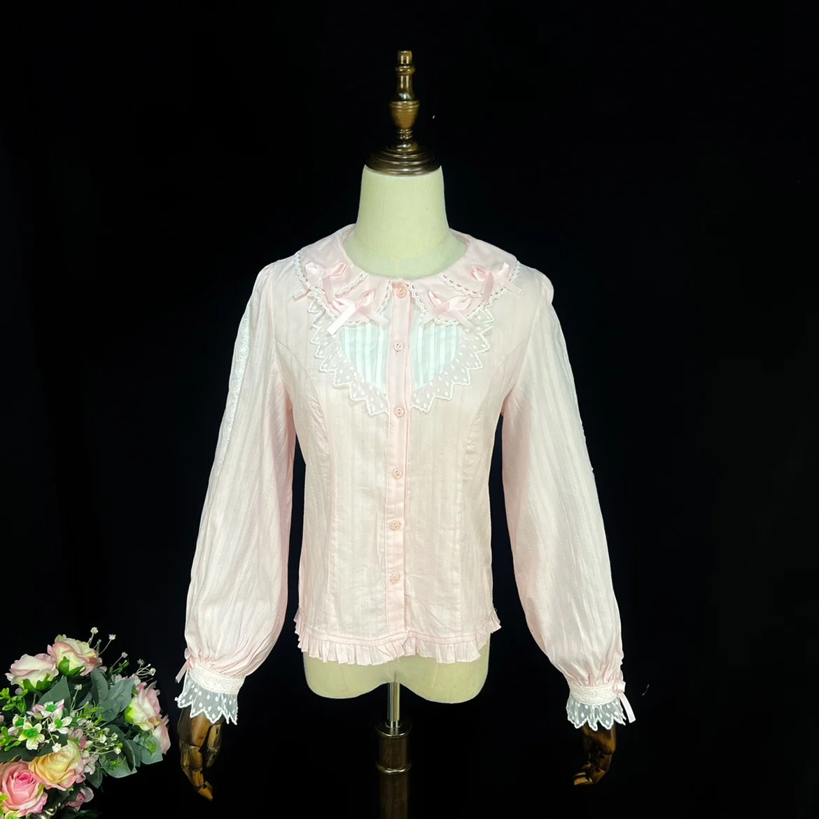 Elegant Lolita Long Sleeve Sweet Peter Pan Collar Cute Bow Lace Slim Top Girls Spring Summer New Lantern Sleeve Versatile Shirt